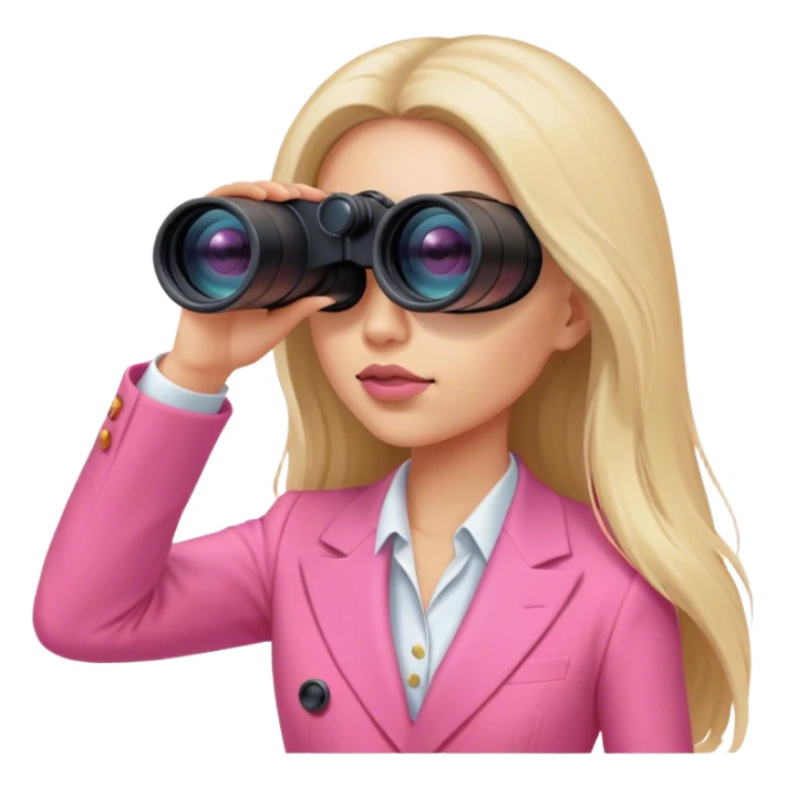 futuristic-looking woman with long hair in an intensive color pink suit looking through two-eyed binocular, viewed from an angled perspective sticker