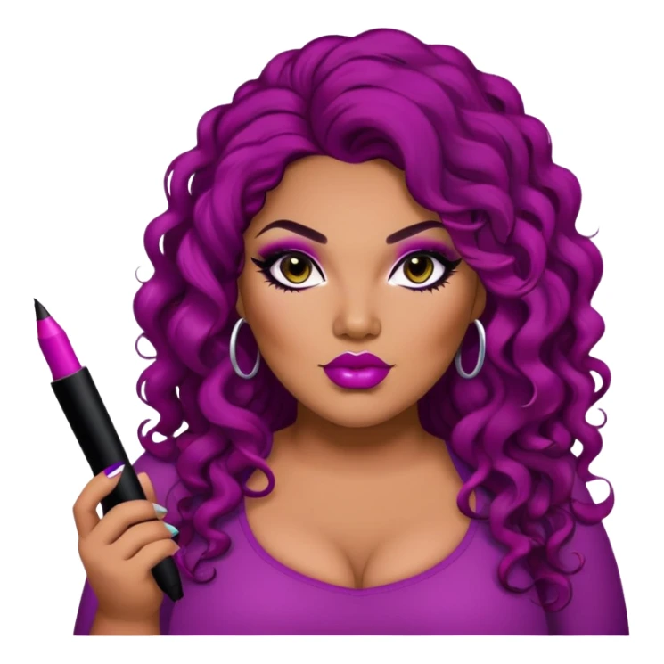 big plus size, darker tan skin, long black curly hair, baddie,pretty, makeup, lipliner, black eyeliner, long magenta hair sticker