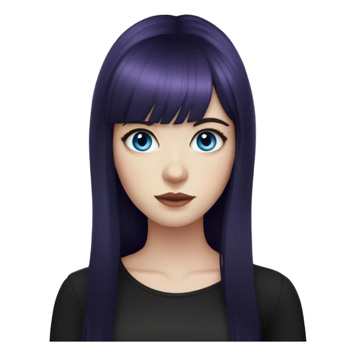 girl, pale skin, blue eyes, long hair, deep purple hair, bangs, black clothes, eyeliner sticker