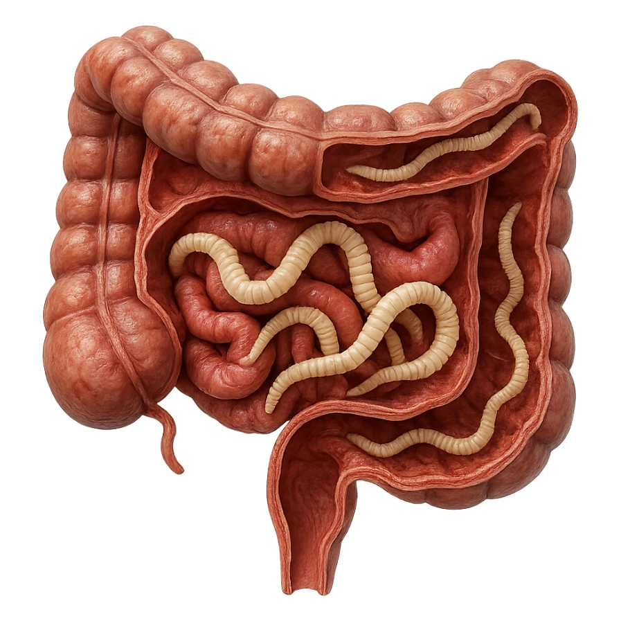 hyperrealistic detailed 3D section of human intestine with tapeworm-like parasites, visible internal structure, realistic colors, 4K, isolated on white background sticker