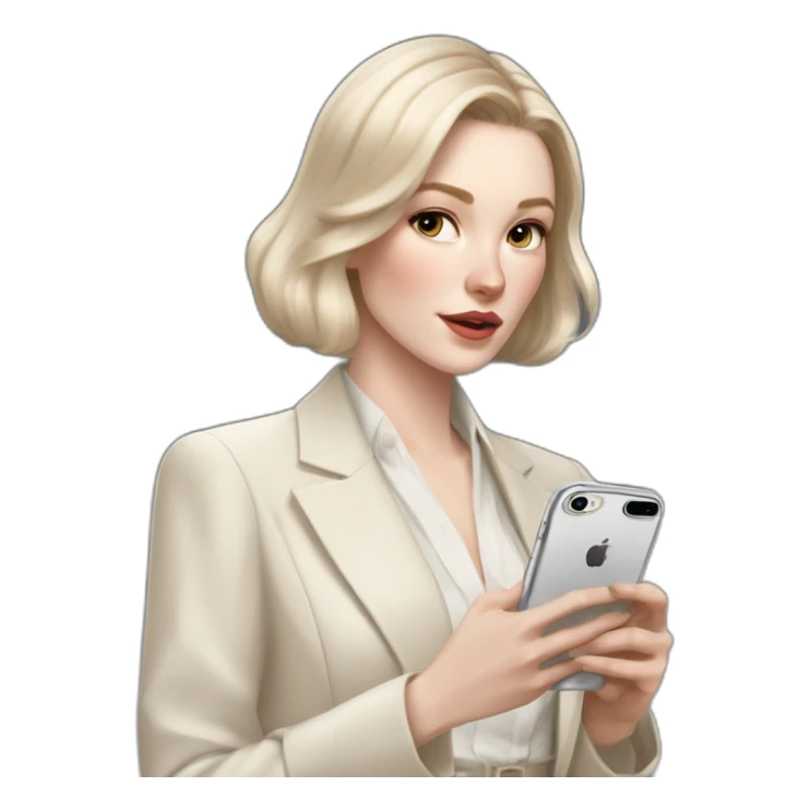 pale skin woman with ash blonde Straightened bob Hair, White Spacious classical jacket, beige palazzo Arrow pants and gray blouse holding white IPhone 15 pro in the hands sticker