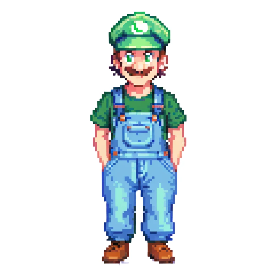 Luigi pixel art style, classic green hat and blue overalls, cheerful expression sticker