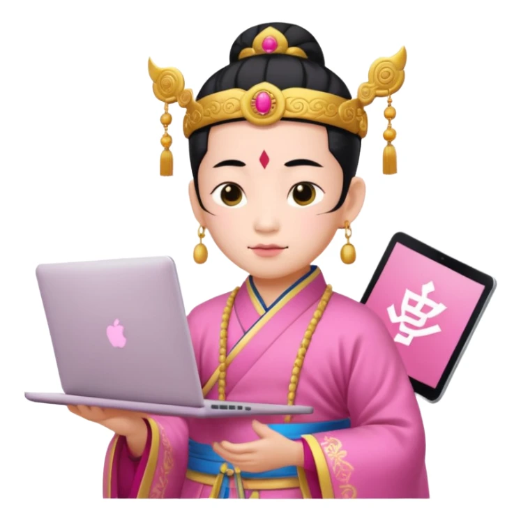 chinese god with laptop, pink sticker