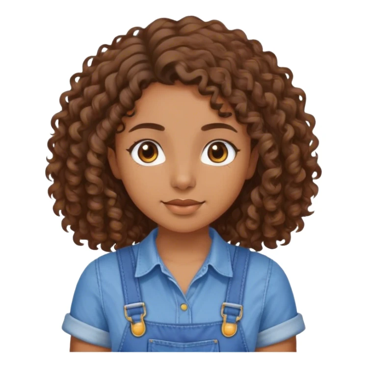 garota parda com cabelos cabelos cacheados castanhos na altura do ombro, olhos castanhos e camisa azul com jardineira  sticker