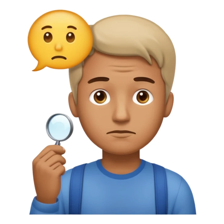 Realistic emoji-style man in simple everyday clothes, looking thoughtful and analytical. A thought bubble above his head shows a critical-thinking icon (question mark + magnifying glass). Soft lighting, expressive critical facial expression. sticker