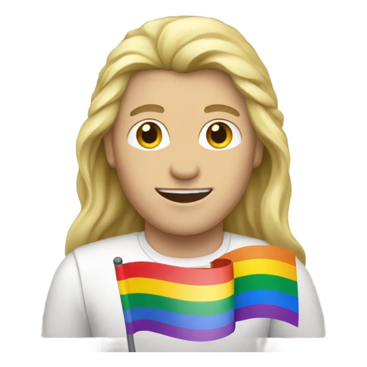 caucasian man with long blonde hair holding rainbow flag sticker