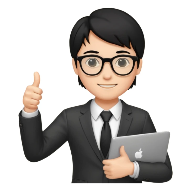 un estudiante con lentes y su laptop CON TERNO Y CABELLO NEGRO,   DANDO LIKE sticker