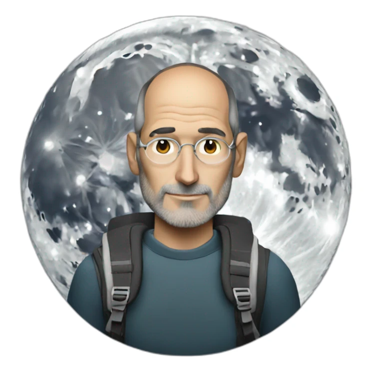 steve jobs with a backpack, in front of the Moon sticker