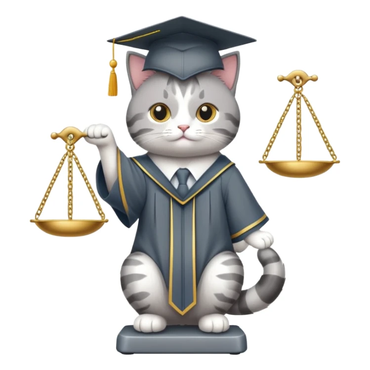 cat wearing a graduation cap, balancing the scales of justice on the tip of its tail sticker
