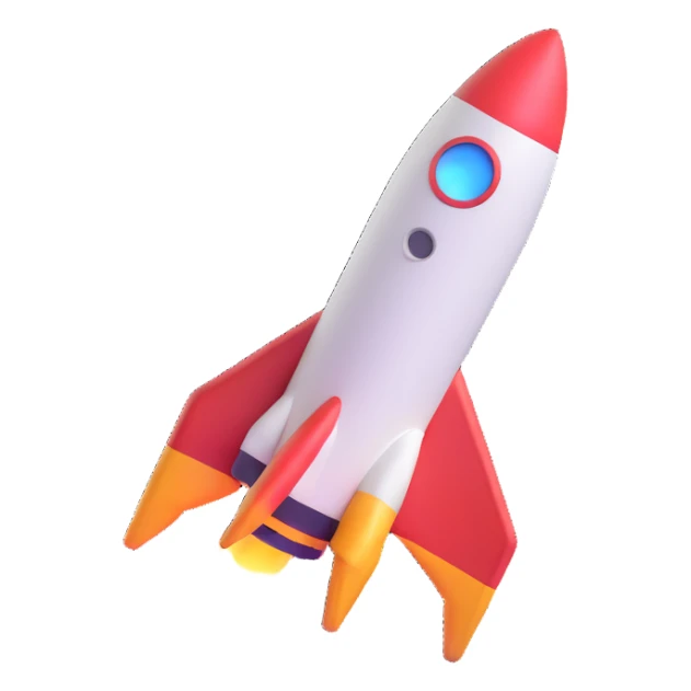Space rocket, three-dimensional, in a cartoon style, on a white background, bright colors, with a perspective composition, high saturation, prominent details, floating effect, lively atmosphere sticker
