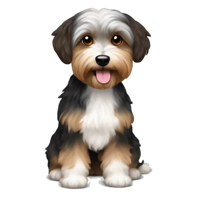 Yorkipoo with black and brown hair and white chest sticker