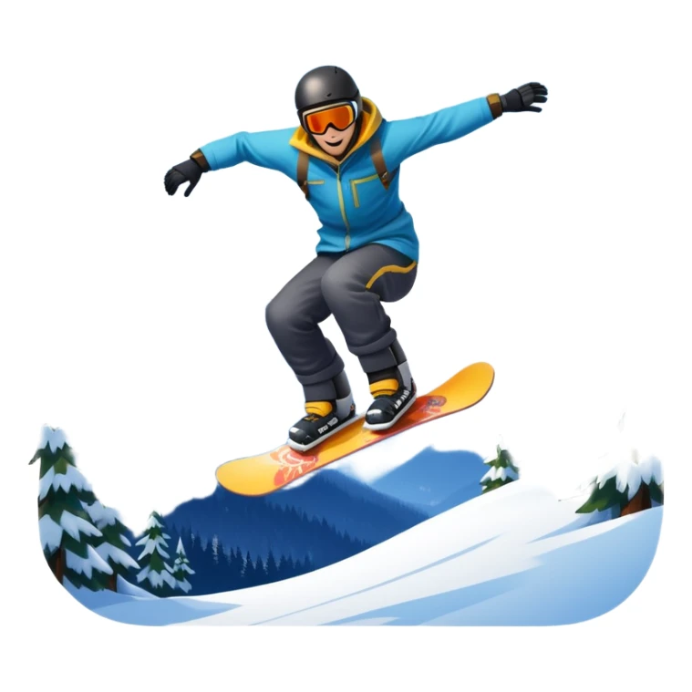 An icon showing a snowboarder performing an exciting jump on a snow-covered slope. The background features towering mountains, snow-covered trees, and a bright, clear sky. Transparent background highlights the speed, agility, and thrill of snowboarding. sticker