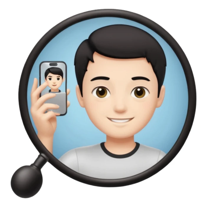 generate a pretty bratz fair skinned boy with short black hair taking a mirror selfie sticker