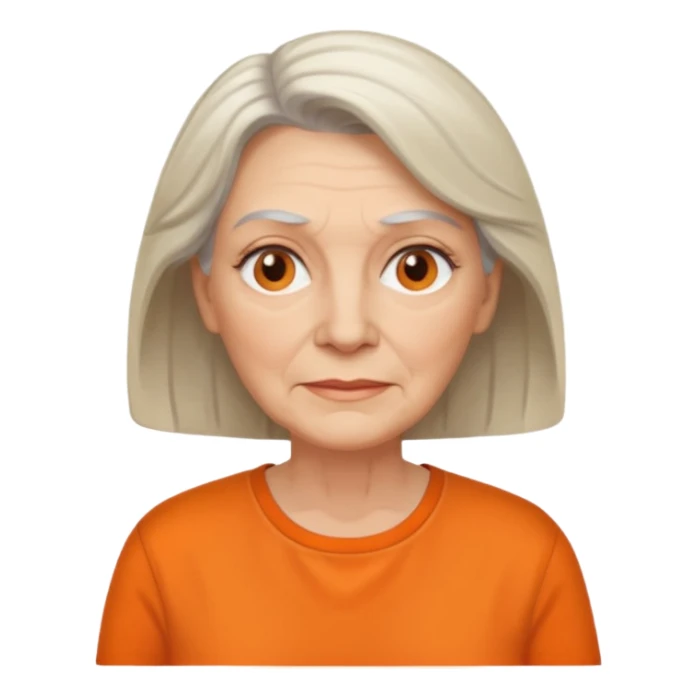 older white woman with orange shirt no smile sticker