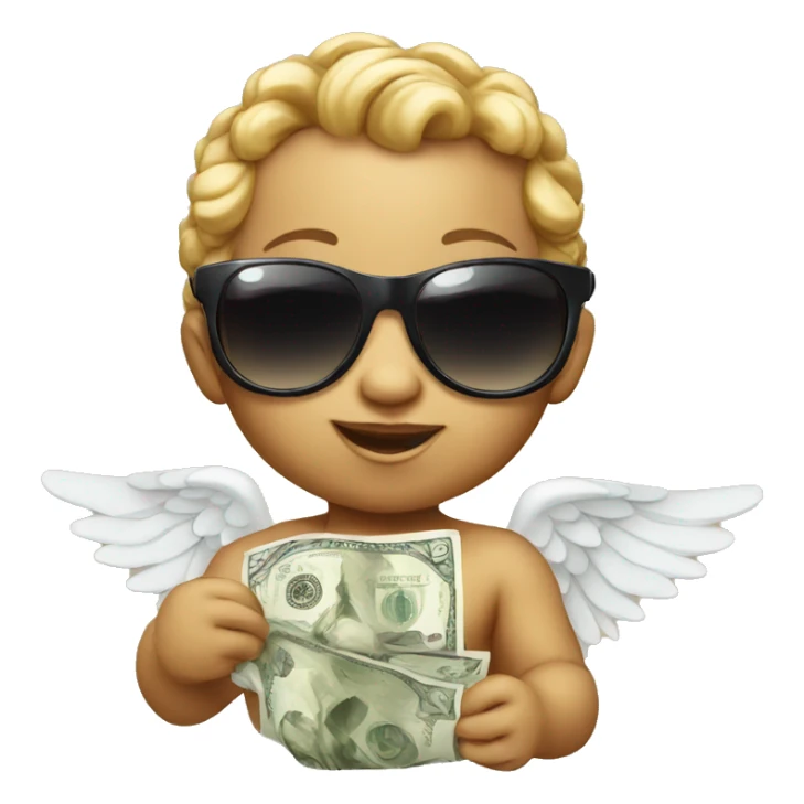 baby cupid with wings holding money and wearing sunglasses sticker