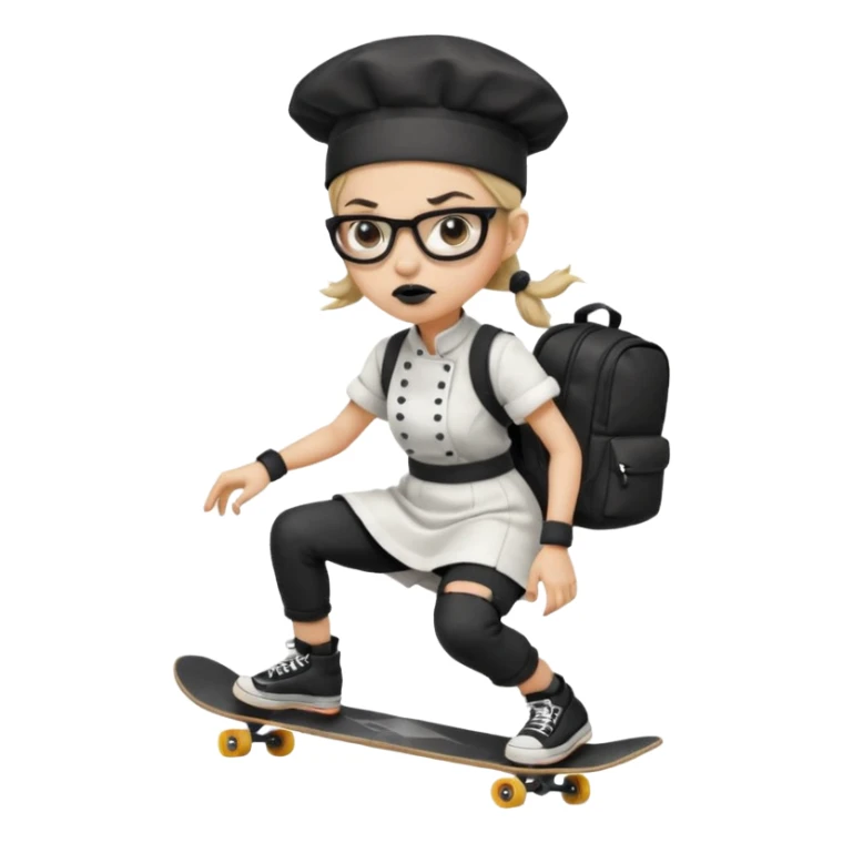 ["An angry woman with light skin, ponytail, wearing a chef hat and square glasses, dressed in goth fashion, is skateboarding while holding a backpack."] sticker