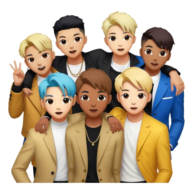 Cinematic Realistic BTS Portrait Emoji, depicted as a dynamic energetic portrayal of the global K-pop group with stylish modern attire and vibrant expressions, rendered with rich textures and bold contemporary lighting that captures their youthful charisma. sticker