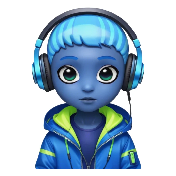 Kunka is a chibi alien with human features. His dark-blue skin shimmers with neon highlights, and his large black eyes radiate curiosity. He wears oversized neon headphones and a dark-blue windbreaker with cyberpunk stripes and a vibrant lining, exuding cool charm. sticker