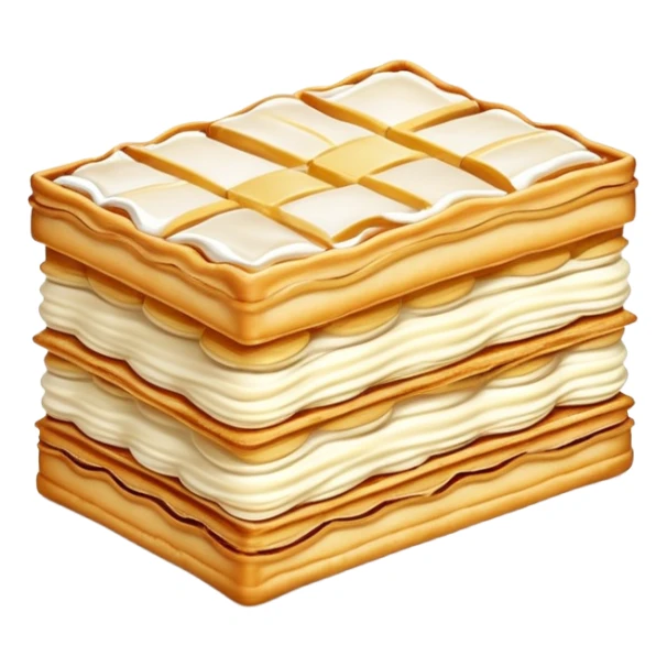 mille-feuille-cinematic-realistic-mille-feuille-dessert-emoji,-depicted-as-a-rectangular delicate-pastry-composed-of-two-crisp-layers-of-puff-pastry-with-a-rich-cream-filling,-rendered-with-intricate-textures-and-elegant,-soft-lighting. Please only show two layers only. sticker