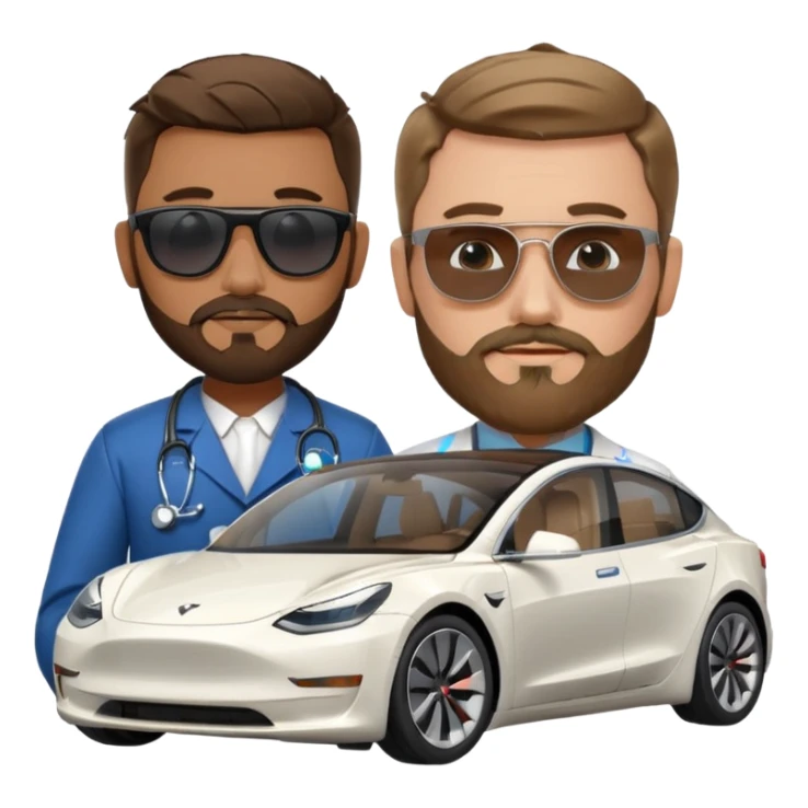 White tesla model 3 with a cool physician with dark blond hair, beard and dark sunglasses next to it sticker