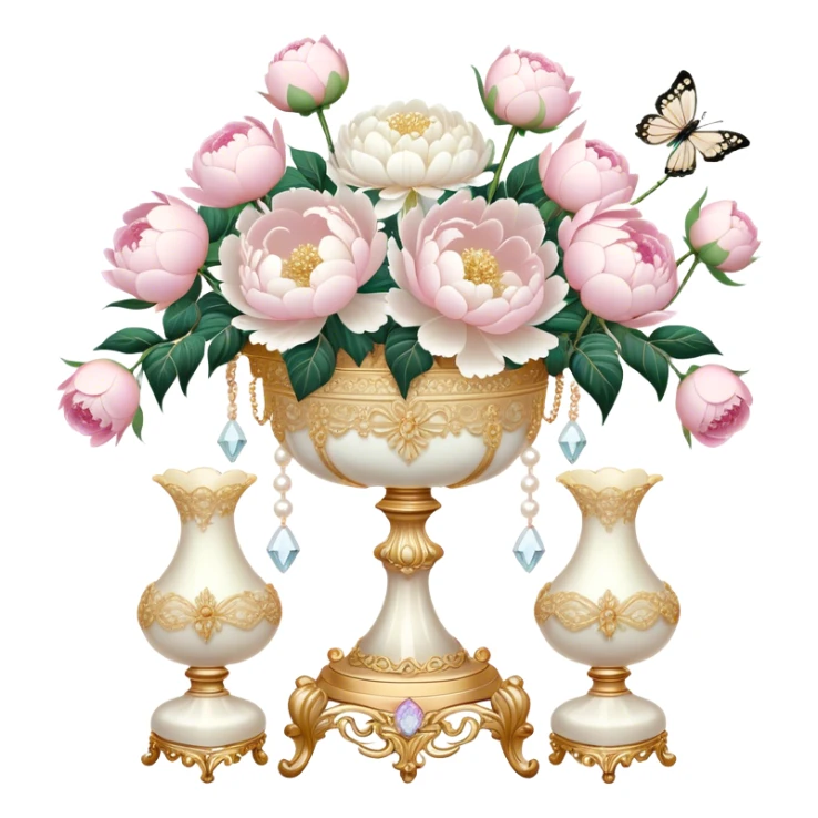 A romantic baroque-style vanity display featuring an intricate golden candelabrum, an embroidered ivory lace fan, and a crystal vase filled with white peonies and pastel pink roses, with pearl butterflies adding a whimsical touch.
 sticker