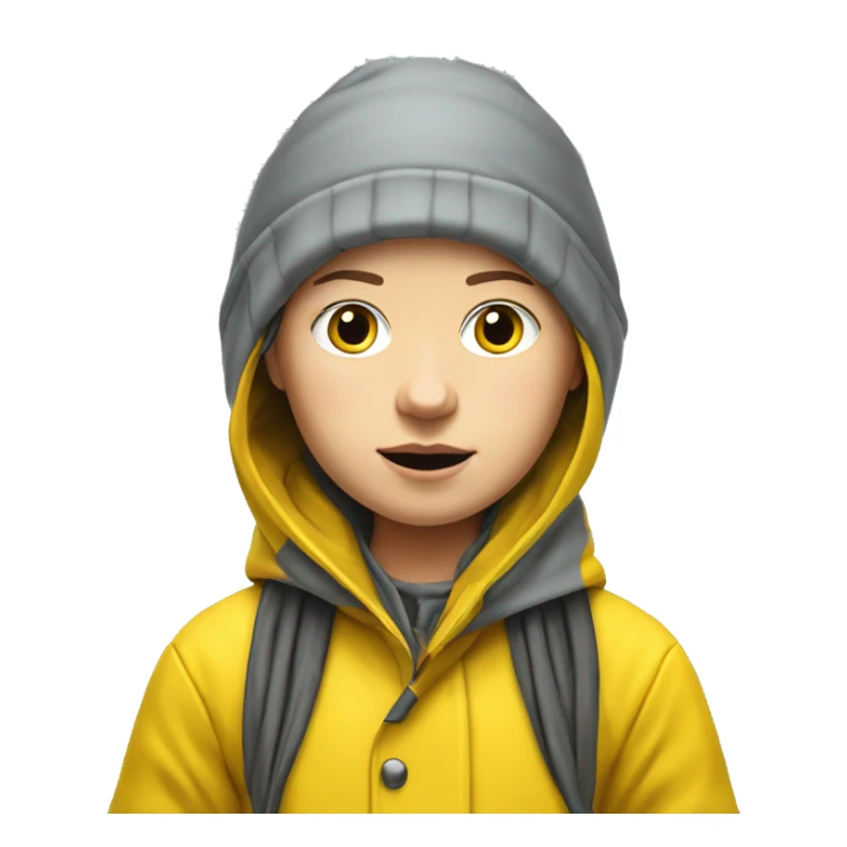 Greta Thunberg with a yellow raincoat and grey beenie, with demonstration sign sticker