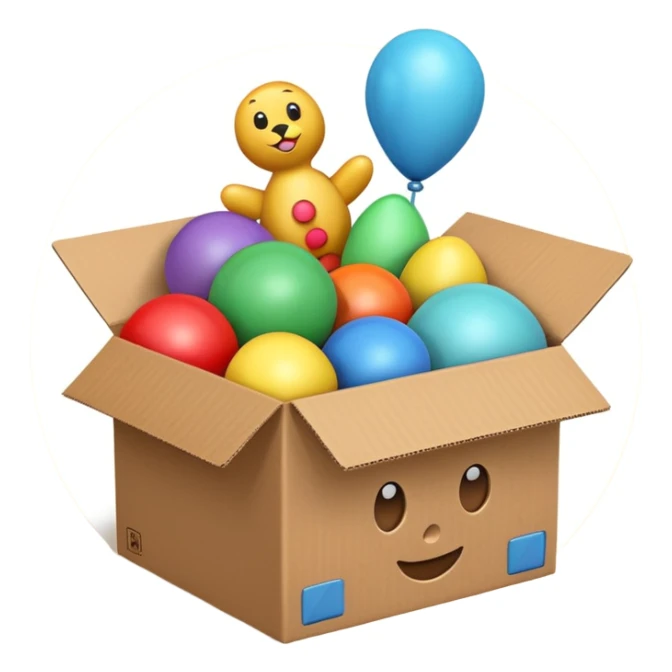 cardboard box with toys, realistic sticker