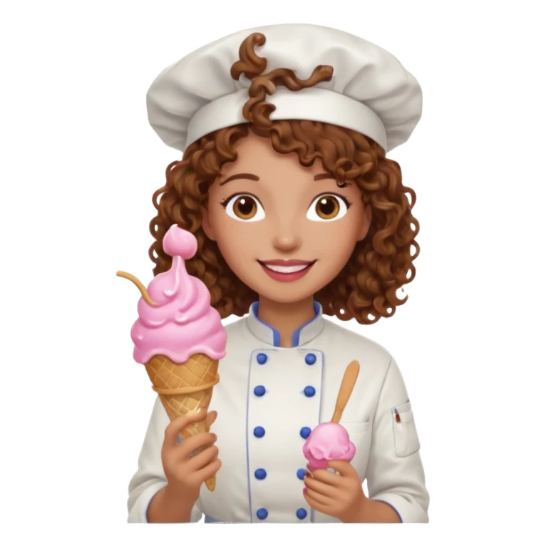woman brown curly hair, chef, eating pink ice cream sticker