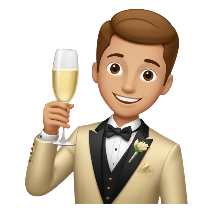 Wedding crasher character in fancy clothes trying to blend in at a wedding reception, holding champagne glass, goofy smile sticker