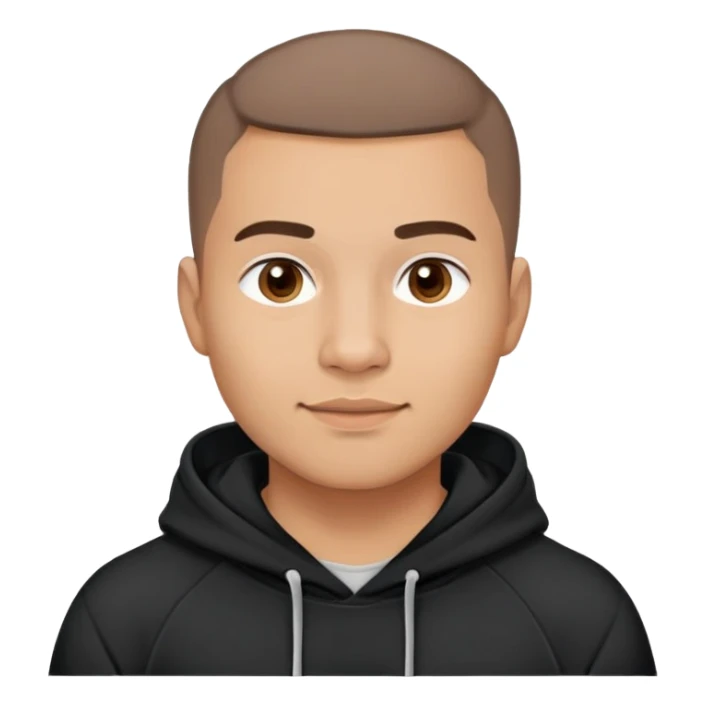 Latino man with light brown warm skin, round face, full cheeks, soft jaw, slight friendly smile, very very short almost buzz cut hair, medium eyebrows, medium eyes, straight nose, medium lips, wearing black hoodie with white logo, practical and hardworking vibe sticker