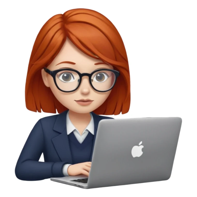 redhead female with glasses focused on a laptop sticker