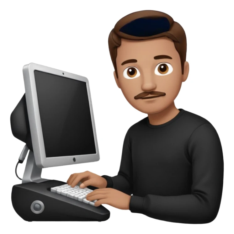  man with mustache, brown hair, 33years old, shirt, high temple Black pullover with a white shirt underneath and black fabric trousers work with couputer sticker