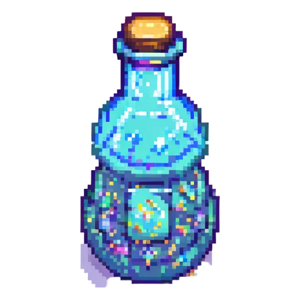 pixel art potion bottle with sparkles, RPG style, soft lighting, retro game aesthetic sticker