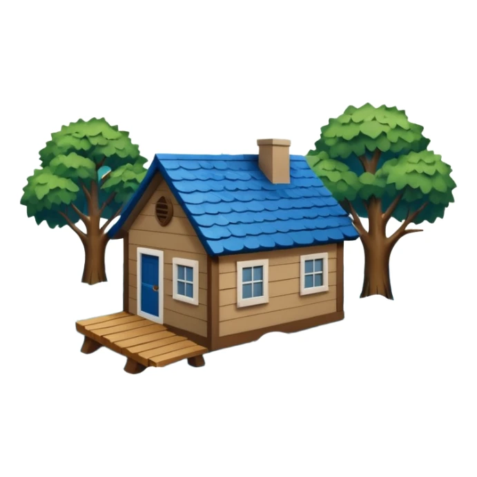showing a flood disaster scene with powerful blue water waves carrying floating tree branches and wood pieces, small houses partially submerged, dark storm clouds above, heavy rain, realistic yet simple and clean emoji-style design sticker