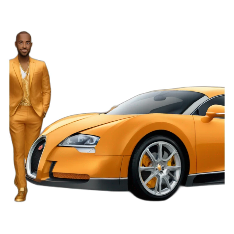 Andrew tate standing in front of a Orange-gold Bugatti  sticker