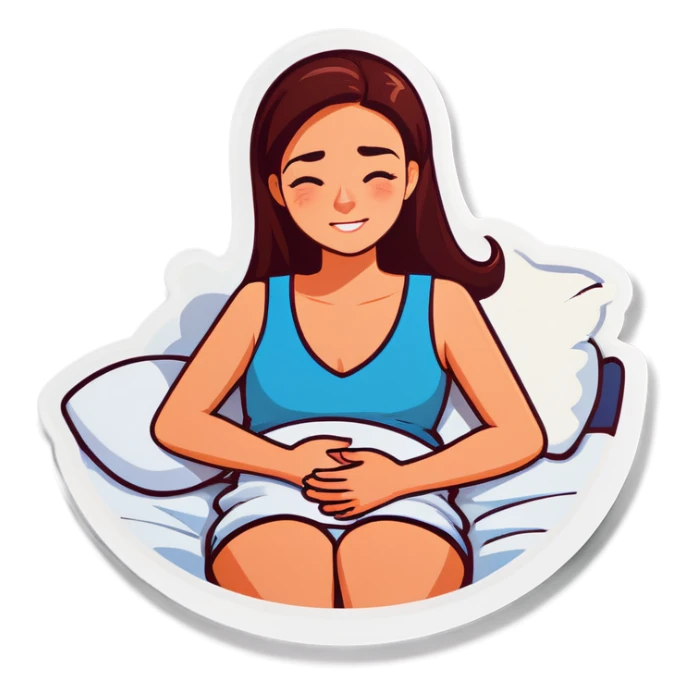 Young woman in bed with tummy pain sticker