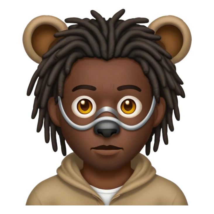 dark skinned black man with short dreads with a bear mask sticker