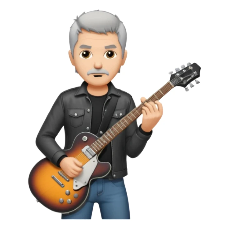 a short grey hair with no beard, middle age metal head with a classic epiphone eletric guitar sticker