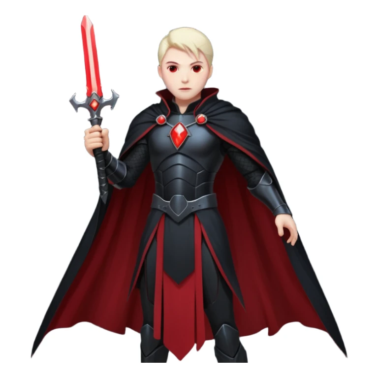 dark sci-fi villain human, black armor, long cape, glowing red energy sword, dramatic pose, 3D cartoon, mobile game icon style, clean background, no text sticker