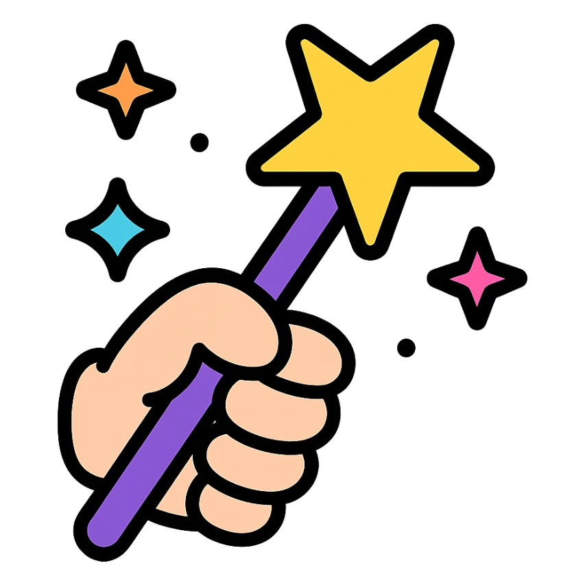 kawaii style magic wand with a chubby hand, surrounded by twinkling stars, colorful icon sticker