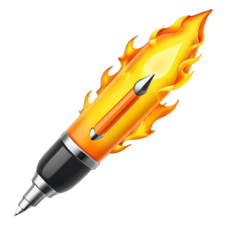a pen, with a fire coming out of the ballpoint writing end of it sticker