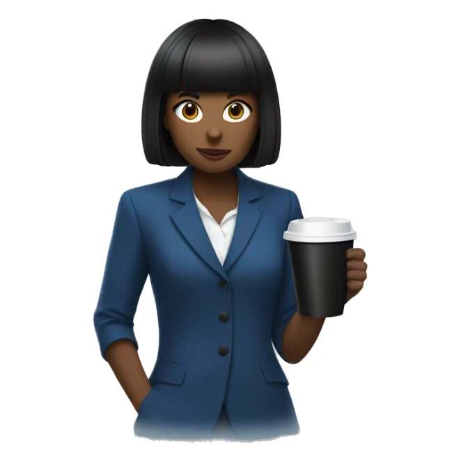 A girl with a black square and short bangs in a blue suit serves a paper black cup of coffee sticker