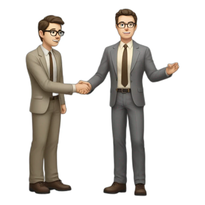 Full height Actively gesturing with hands Pale skinned fit man with dark brown hair in gray jacket, beige office shirt, brown tie, brown pants and vintage glasses. sticker