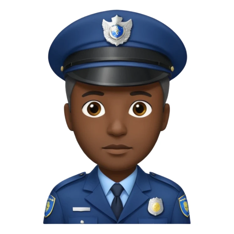A dark-skinned man wearing a navy police hat with a silver badge, facing forward with a neutral expression. sticker
