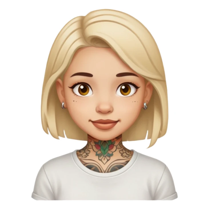 girl with small face tattoos, cheerful expression, wearing a shirt sticker