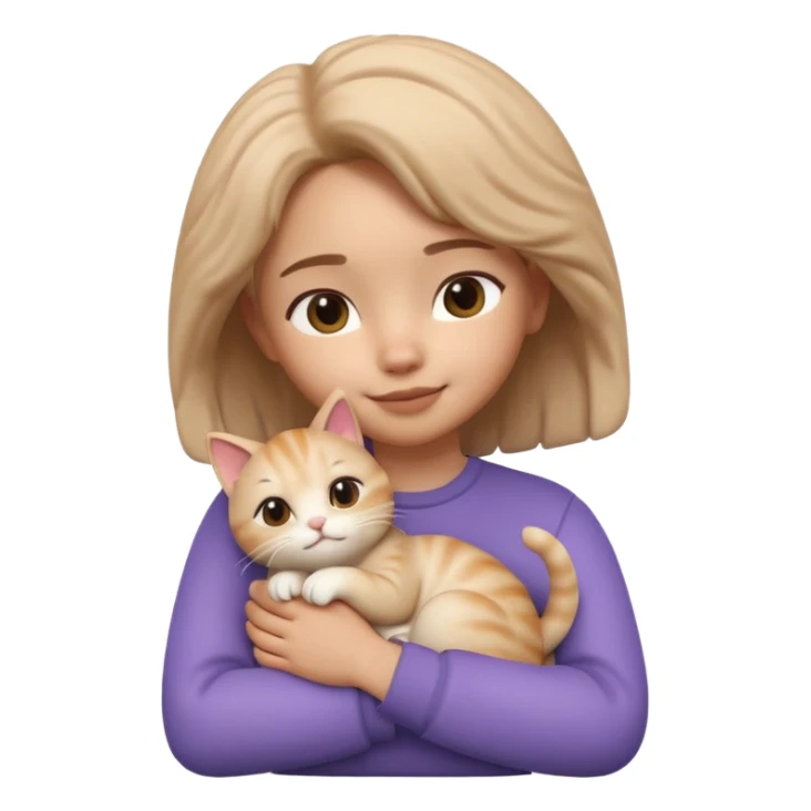 "Apple Memoji style 3D character, a young person gently petting and hugging a cute fluffy cat, peaceful and happy facial expressions, soft studio lighting, clean 3D clay render, vibrant colors, minimalist aesthetic, high detail, high resolution, isolated on a plain white background." sticker