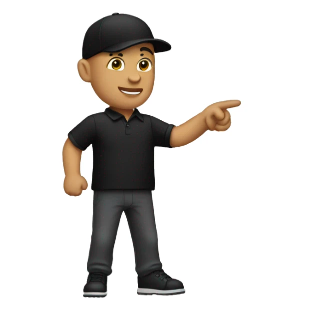 bald man pointing in front wearing a black cap and black polo sticker