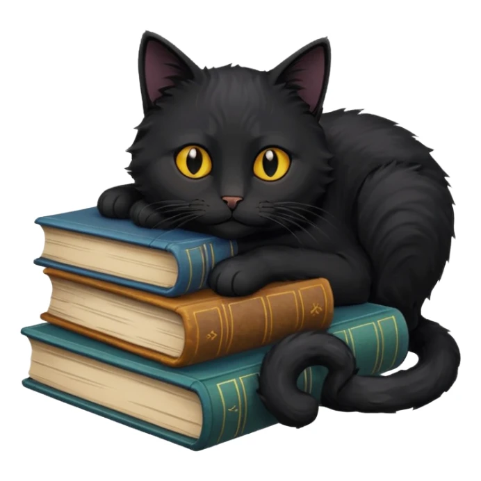 Black cat curled next to a pile of book sticker