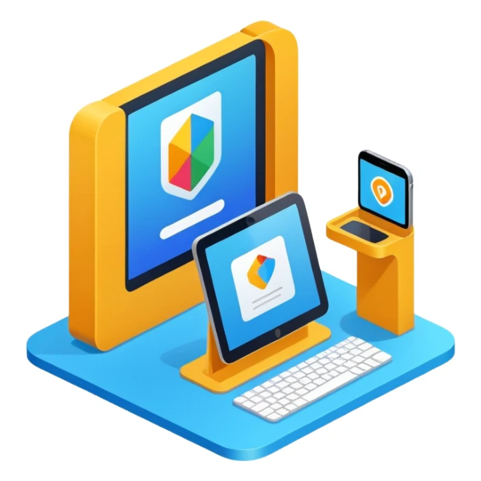 isometric, image of modern user experience with mobile, desktop portal, kiosk etc sticker