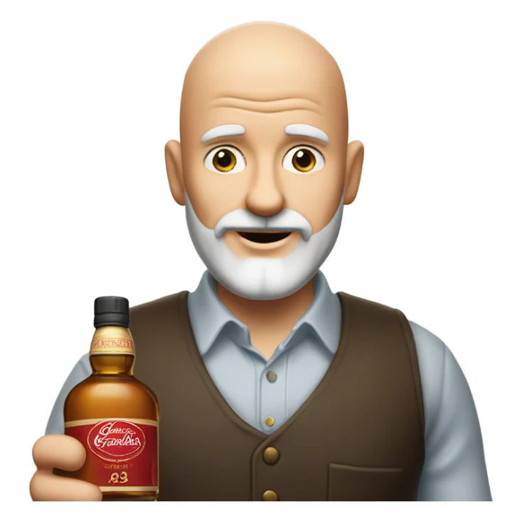 realistic meme of bald man with white short bart, with Glenfarclas 35yo sticker